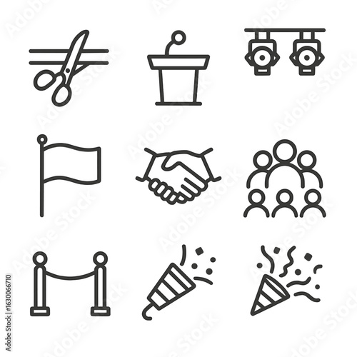 Inauguration Ceremony Icons. Outline icon set of inauguration ceremony: ribbon cutting, scissors, podium with mic, stage lights,