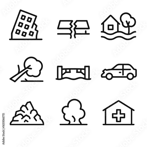 Disaster Aftermath Icons. Outline icon set of disaster aftermath: collapsed building, cracked road, flooded area, fallen tree,