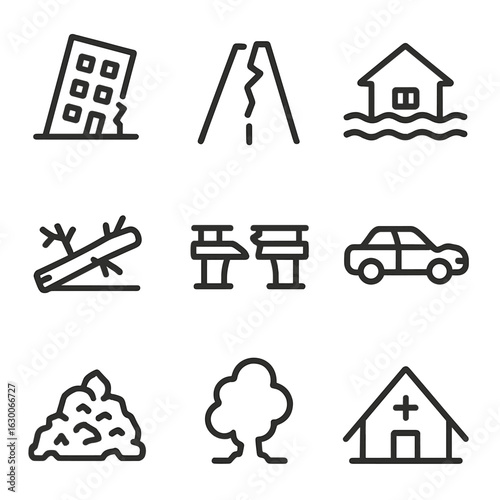 Disaster Aftermath Icons. Outline icon set of disaster aftermath: collapsed building, cracked road, flooded area, fallen tree,