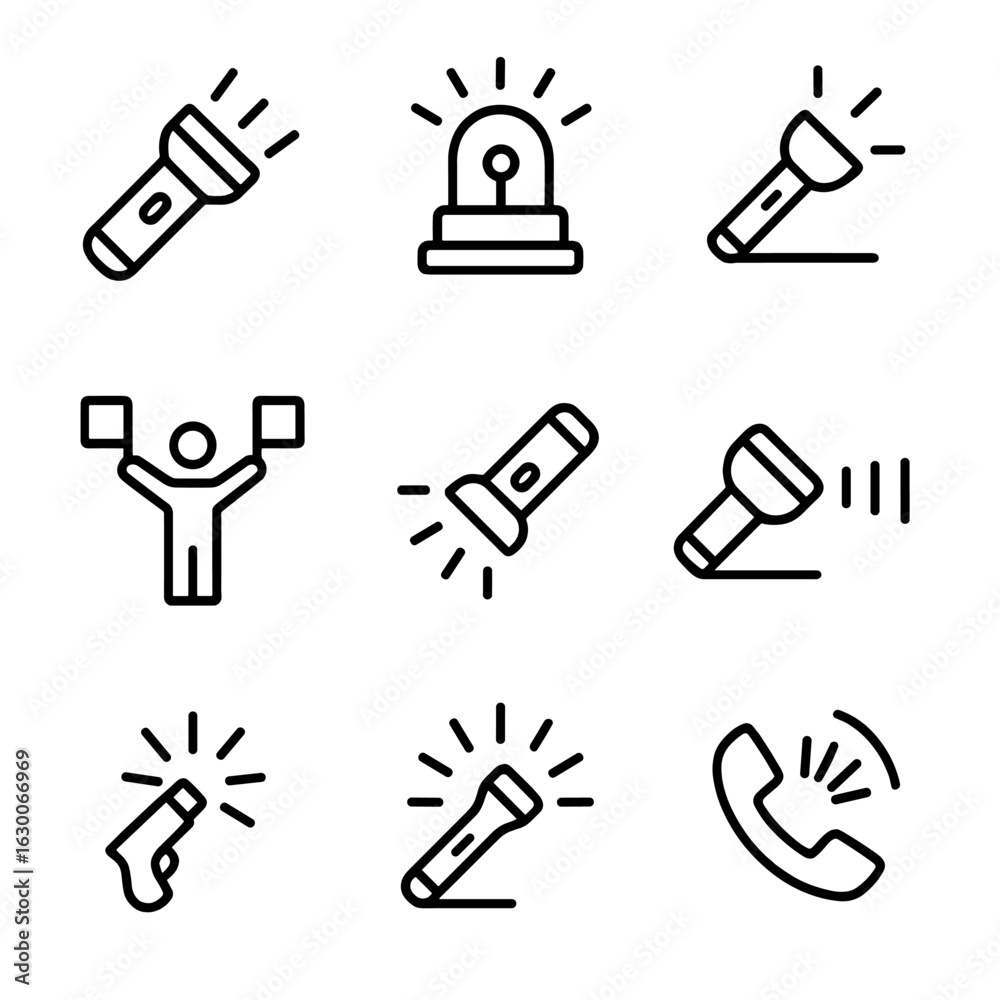 Obraz premium Torchlight Signal Icons. Outline icon set of torchlight signals: SOS signal, flashing light, beacon, semaphore, morse code, light