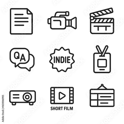 Indie Film Icons. Outline icon set of indie film showcase: script page, handheld camera, film slate, Q&A icon, indie badge,
