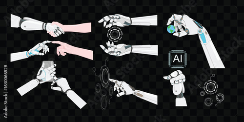 Futuristic robotic hands interacting in various ways, symbolizing AI collaboration.