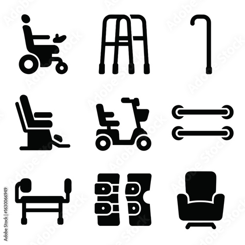 Mobility Aids Icons. Solid, filled icons set of Mobility aids and supports: powered wheelchair, walker, cane,