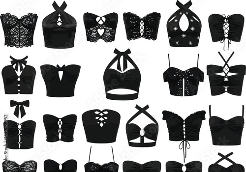 Collection of stylish black lace and satin halter neck and bustier tops for women fashion