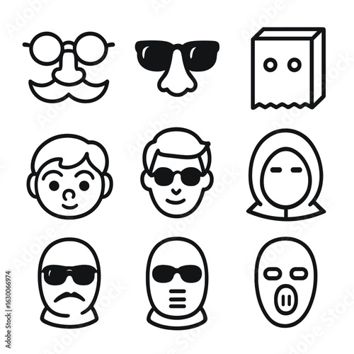Disguise Mask Icons. Outline icon set of disguise masks: mustache mask, sunglasses disguise, false nose, paper bag mask, cartoon