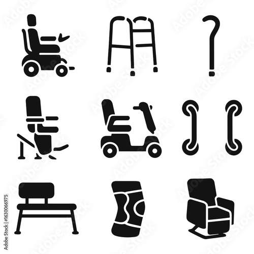 Mobility Aids Icons. Solid, filled icons set of Mobility aids and supports: powered wheelchair, walker, cane,