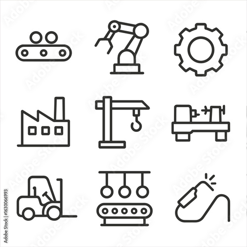 Industrial Icon Set. Outline icon set of industrial machinery: conveyor belt, robotic arm, gear, factory building, crane, lathe
