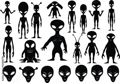 Collection of diverse alien figures and heads in silhouette representing extraterrestrial life forms and science fiction concepts