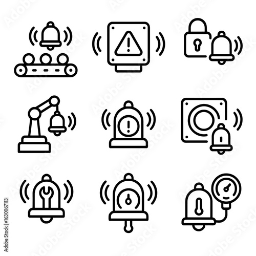 Industrial Buzzer Icons. Outline icon set of industrial machinery buzzers: conveyor belt warning buzzer, machine fault buzzer,