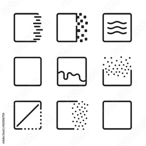 Dissolve Effects Icons. Outline icon set of dissolve effects and concepts: fading, pixelate, blur, gradient transition, melting,