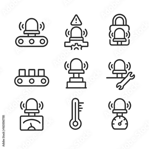 Industrial Buzzer Icons. Outline icon set of industrial machinery buzzers: conveyor belt warning buzzer, machine fault buzzer,