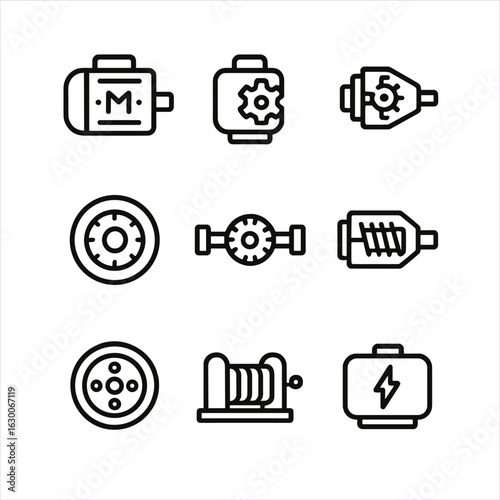 Torque Machine Icons. Outline icon set of torque related machines: electric motor, hydraulic motor, gearbox, clutch, differential,