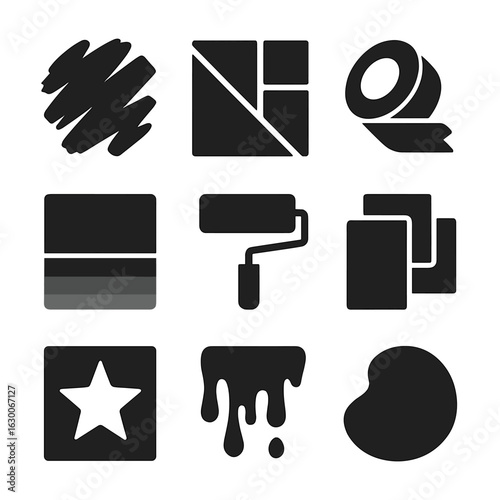 Modern Art Icons. Solid, filled icons set of modern art techniques: abstract strokes, geometric composition,