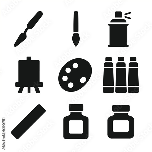 Modern Art Tools Icons. Solid, filled icons set of modern abstract art tools: palette knife, paintbrush, spray