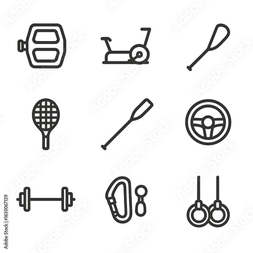 Torque Sports Icons. Outline icon set of torque in sports equipment: bicycle pedals, rowing machine, golf club, tennis racket,