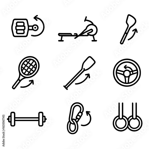 Torque Sports Icons. Outline icon set of torque in sports equipment: bicycle pedals, rowing machine, golf club, tennis racket,