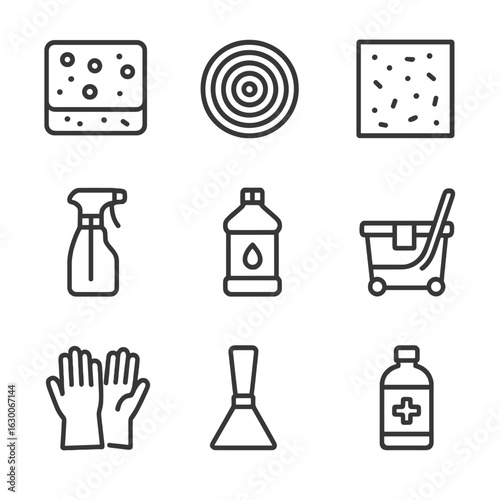 Industrial Cleaning Icons. Outline icon set of industrial cleaning items: heavy-duty sponge, steel wool, scouring pad, industrial