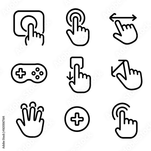 Touch Gaming Icons. Outline icon set of touch-based gaming controls: touchscreen joystick, tap button, swipe gesture, virtual