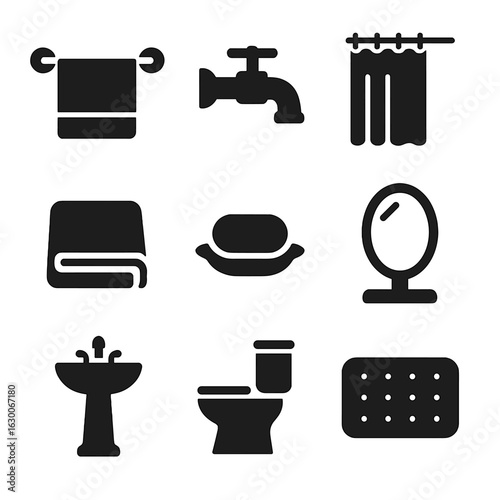 Modern Bathroom Icons. Solid, filled icons set of home bathroom setup: towel bar, faucet, shower curtain, bath