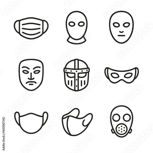 Diverse Mask Icons. Outline icon set of mask materials: cloth mask, silicone mask, latex mask, plastic mask, metal mask, leather