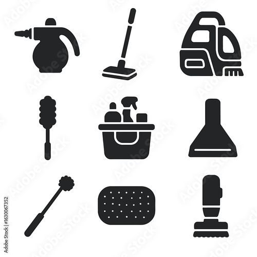 Modern Cleaning Icons. Solid, filled icons set of space-saving cleaning tools: handheld steam cleaner,