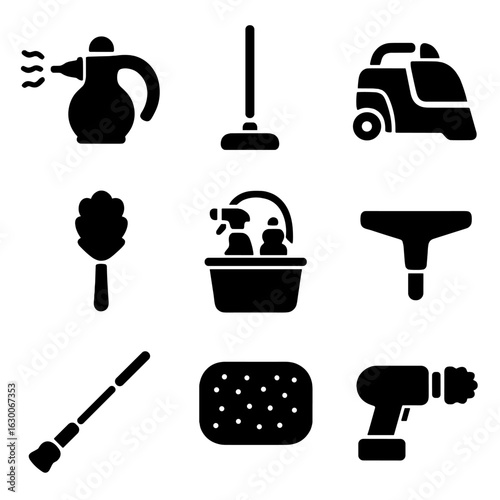 Modern Cleaning Icons. Solid, filled icons set of space-saving cleaning tools: handheld steam cleaner,