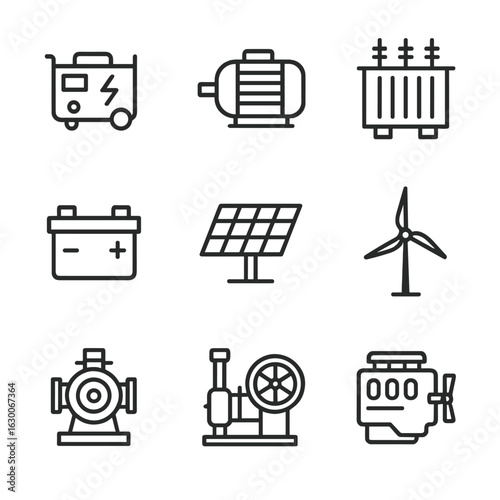 Industrial Power Icons. Outline icon set of industrial power sources: generator, electric motor, transformer, battery, solar panel