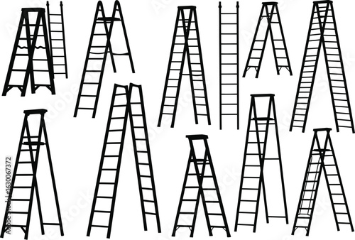 Collection of various types of ladders including step ladders and extension ladders arranged in a grid pattern
