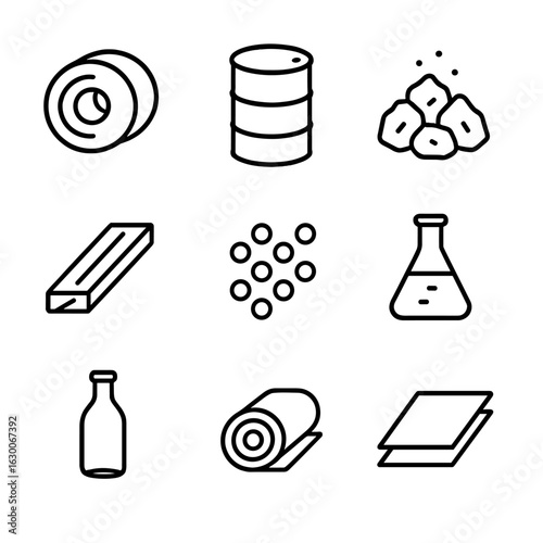 Industrial Raw Materials Icons. Outline icon set of industrial raw materials: steel coil, oil barrel, coal, wood plank, plastic