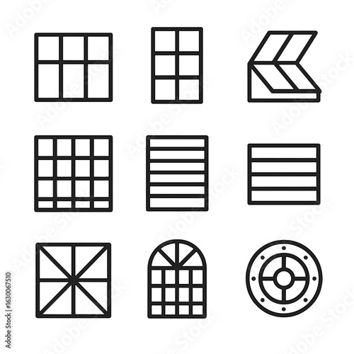 Industrial Window Icons. Outline icon set of industrial windows: factory pane, steel frame window, skylight hatch, grid pane