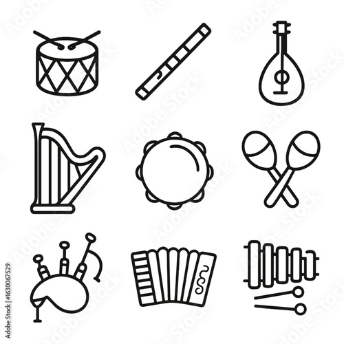 Traditional Music Icons. Outline icon set of traditional music: drum, flute, lute, harp, tambourine, maracas, bagpipe, accordion,