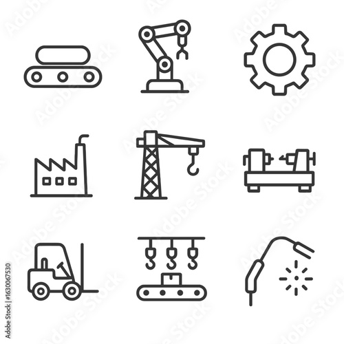 Industrial Icon Set. Outline icon set of industrial machinery: conveyor belt, robotic arm, gear, factory building, crane, lathe