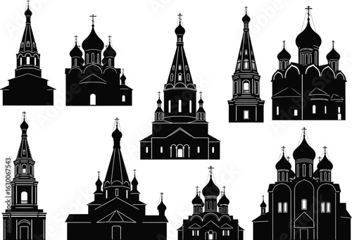 Collection of silhouetted russian orthodox churches with iconic onion domes and steeple architecture