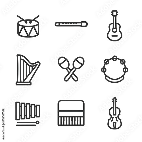 Traditional Music Instruments. Outline icon set of traditional music: drum, flute, guitar, harp, maracas, tambourine, xylophone,