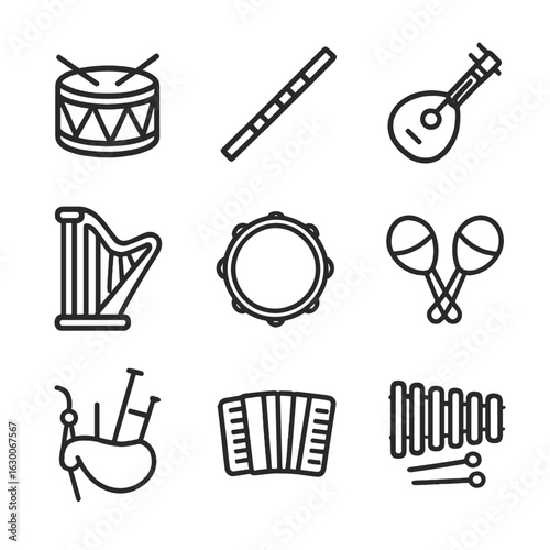 Traditional Music Icons. Outline icon set of traditional music: drum, flute, lute, harp, tambourine, maracas, bagpipe, accordion,