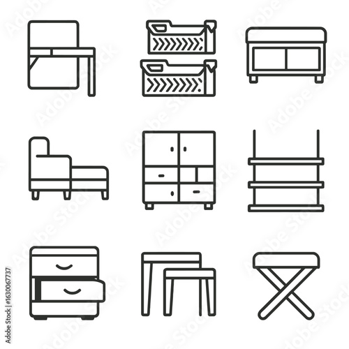 Modern Furniture Icons. Outline icon set of home organization furniture: fold-away desk, stackable crates,