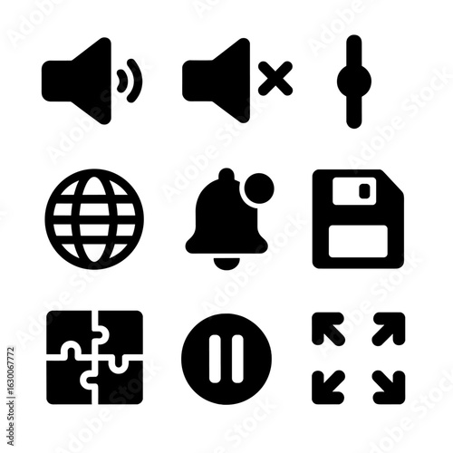 Modern Game Setting Icons. Solid, filled icons set of puzzle game settings: sound on/off, difficulty slider,