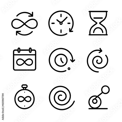 Infinity Time Icons. Outline icon set of infinity in time concepts: time loop, endless clock, hourglass loop, eternal calendar,