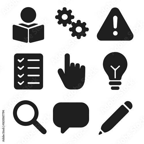 Modern Icon Grid. Solid, filled icons set of user manual reading: book icon, gears, warning triangle,