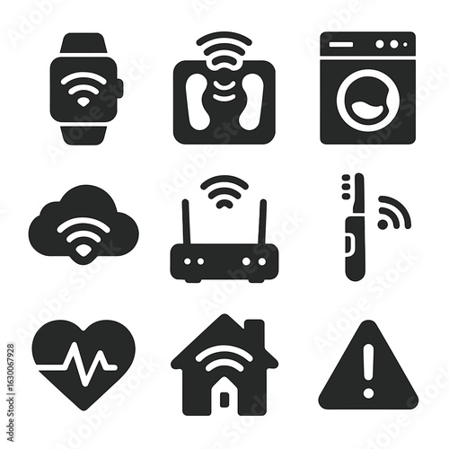 Modern IoT Icon Set. Solid, filled icons set of internet of things (IoT) Wi-Fi: wearable icon, smart scale