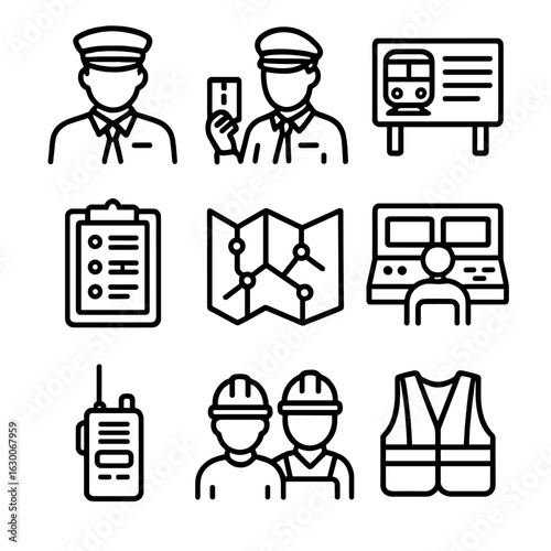 Train Operations Icons. Outline icon set of train operations: conductor, ticket inspector, train schedule, timetable, map, control