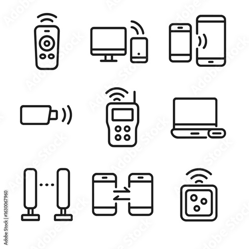 Infrared and UV Icons. Outline icon set of infrared communication: IR remote, data transmission, wireless link, signal beam,