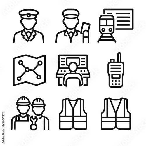 Train Operations Icons. Outline icon set of train operations: conductor, ticket inspector, train schedule, timetable, map, control