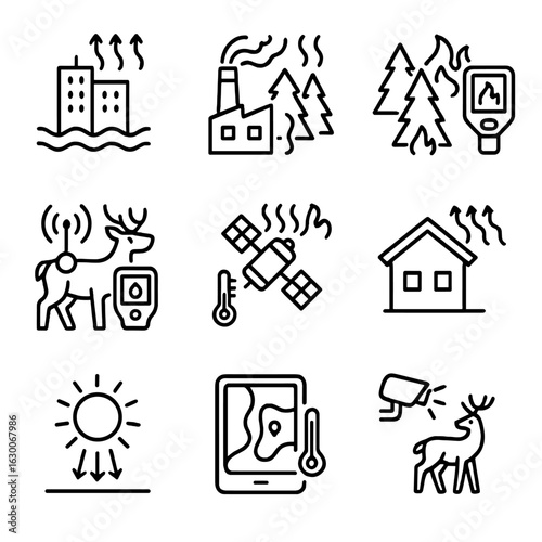 Infrared Monitoring Icon Set. Outline icon set of infrared environmental monitoring: heat island effect, thermal pollution, forest