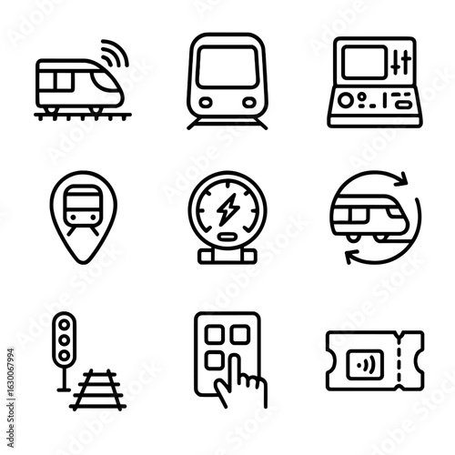 Train Technology Icons. Outline icon set of train technology and innovation: automated train, driverless cabin, control panel, GPS