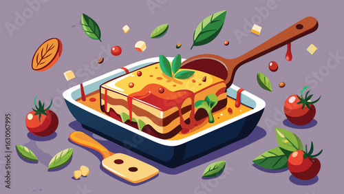 Isometric view of lasagna in a dish with tomatoes basil and a wooden spoon for serving the food