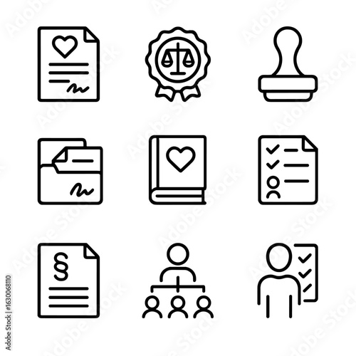 Inheritance Documentation Icons. Outline icon set of inheritance documentation: will paper, legal seal, notarized stamp, signature
