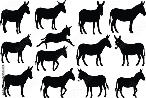Collection of black donkey silhouettes in various poses and actions on a white background representing farm animals