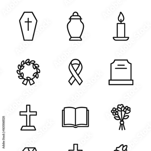 Transient and Funerary Icons. Outline icon set of transient moments: drifting cloud, falling leaf, fading light, empty chair,