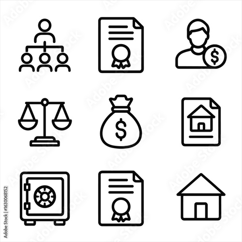 Inheritance Icon Set. Outline icon set of inheritance concepts: family tree, will document, heir, estate, money bag, legal scales,